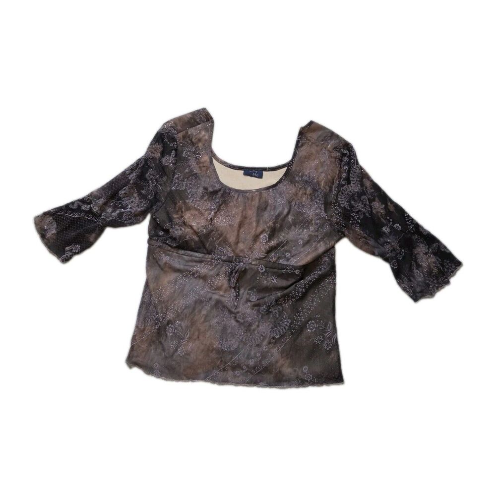 VTG RAG Brown Floral Sheer Mesh Bell Sleeve Blouse Tie Waist Misses Small EUC
